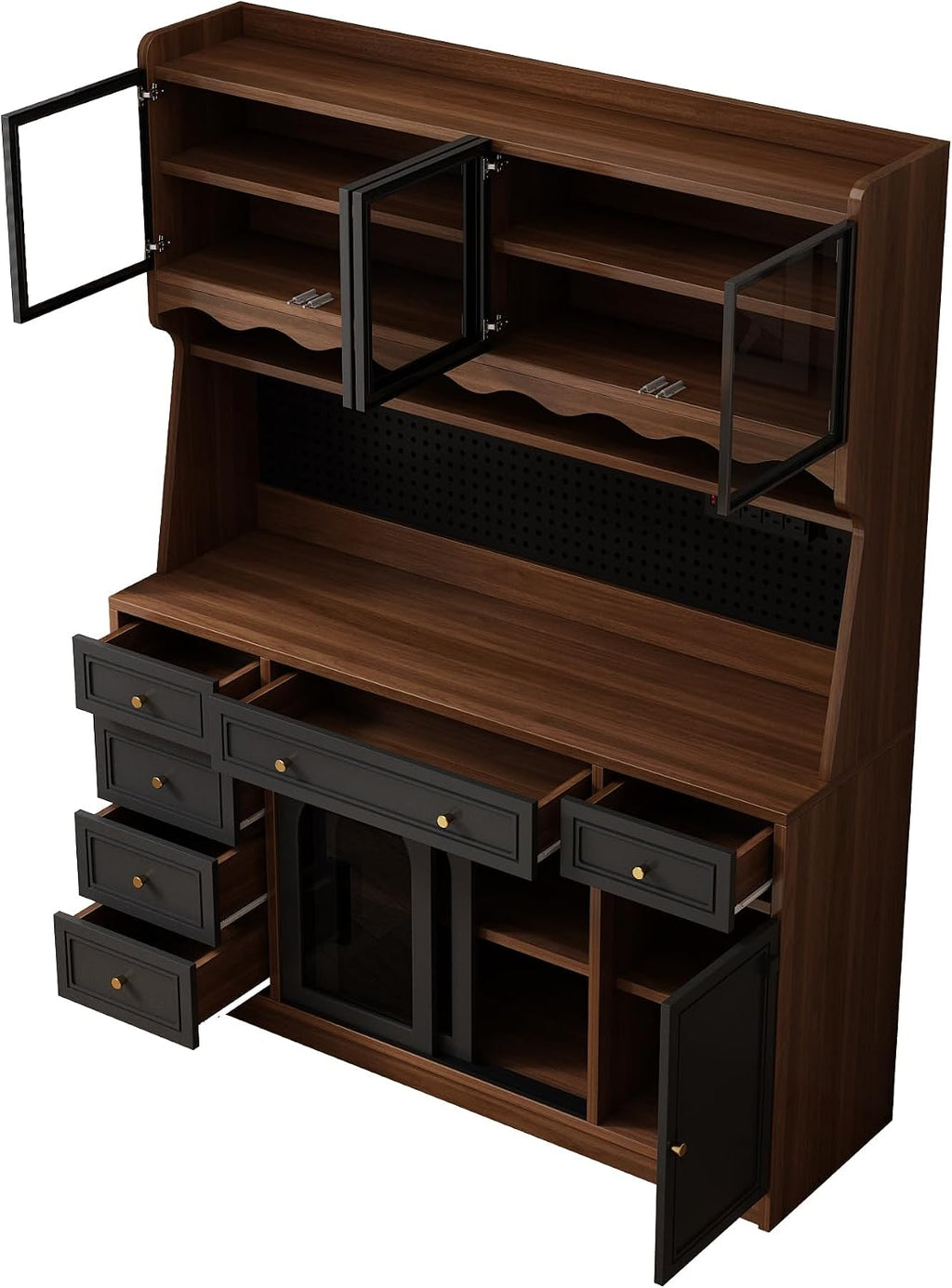 63" W Farmhouse Buffet Cabinet with Hutch, Freestanding Coffee Bar Sideboard with 6 Drawers, 4 Cabinets, Adjustable Shelves, Pegboard and Power Outlet for Dining Room Storage Cabinet,Brown Black