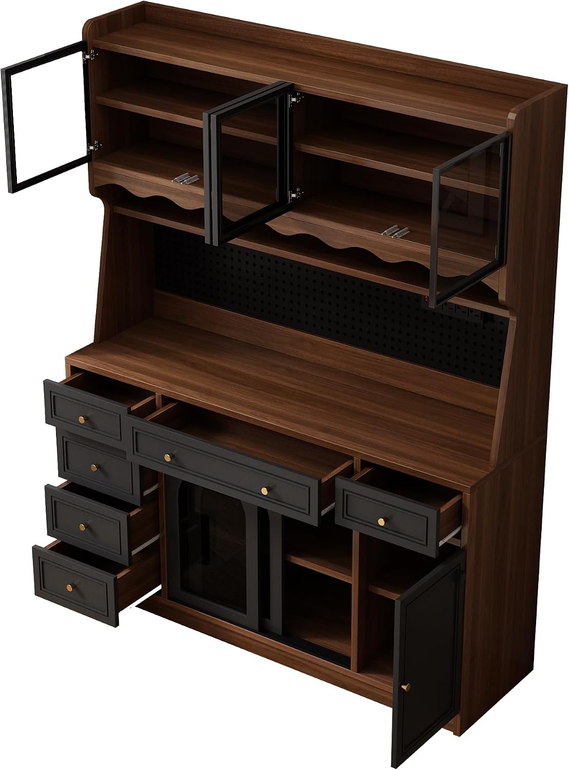 63" W Farmhouse Buffet Cabinet with Hutch, Freestanding Coffee Bar Sideboard with 6 Drawers, 4 Cabinets, Adjustable Shelves, Pegboard and Power Outlet for Dining Room Storage Cabinet,Brown Black