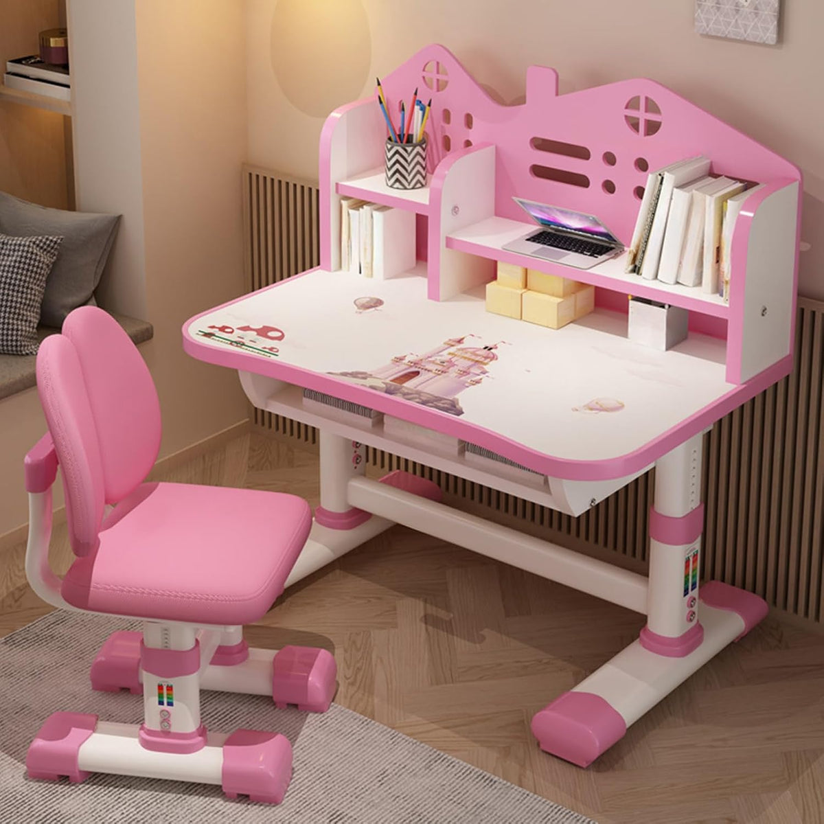 Kids Desk and Chair Set, Adjustable Height Kids Desk with Storage and Drawers Girls Desk Pink Writing Reading Drawing