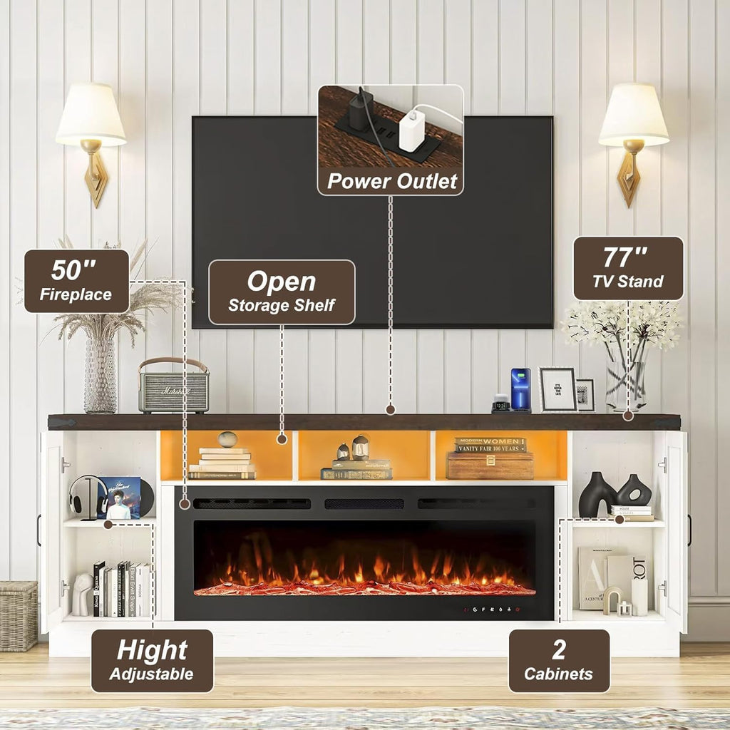 77 INCH Fireplace TV Stand for 85 Inch TVs, Farmhouse Entertainment Center with 50" Electric Fireplace and Power Outlets, LED Media Console Cabinet for Living Room, White