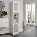 64" Tall Bathroom Cabinet, White Floor Standing Storage | Narrow unit with adjustable shelves & louvered doors, ideal for bathroom, laundry room, maximizing vertical space.