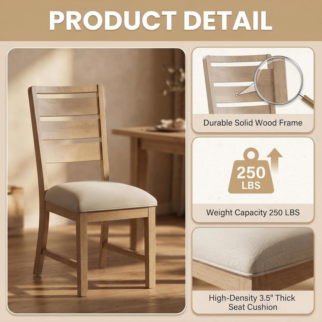 COLAMY Modern Dining Chairs Set of 2, Breathable Fabric Kitchen Chairs with High-Resilience Cotton Padding, Ergonomic Solid Wood Legs Accent Seating for Living Room 250LBS,Oak Natural