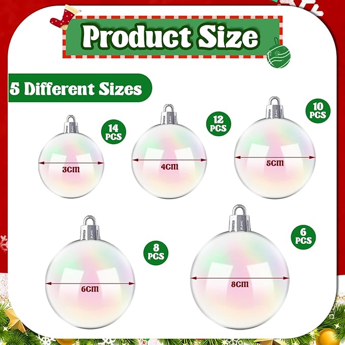 50 PCS Christmas Iridescent Ornaments,Clear Plastic Bubbles Hanging Filled Ornaments,Christmas DIY Hanging Rainbow Ball 5 Different Sizes for Xmas Tree Wedding Party Birthday Home Decorations
