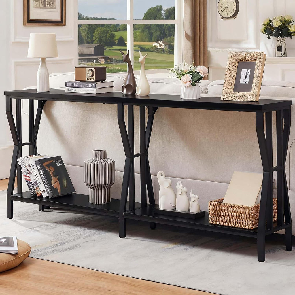 HOMISSUE Sofa Console Table, 70.9" Extra Long Sofa Table with 2-Tier Storage, Industrial Narrow Console Tables Behind Couch, Hallway Table for Entryway, Living Room, Black