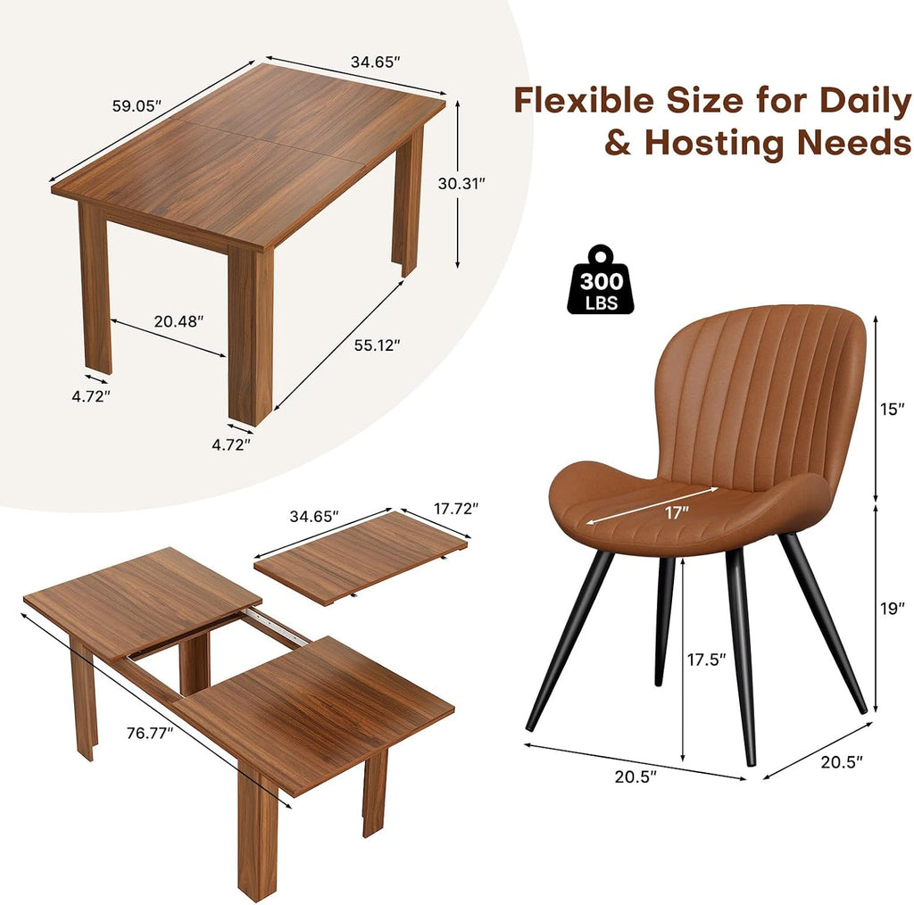 Miereirl 9-Piece Farmhouse Extendable Dining Table Set with 8 Chairs, Adjustable Length Rectangular Dining Room Furniture, Space-Saving Expandable Kitchen Dining Set (Walnut Table+8 Brown Chairs)