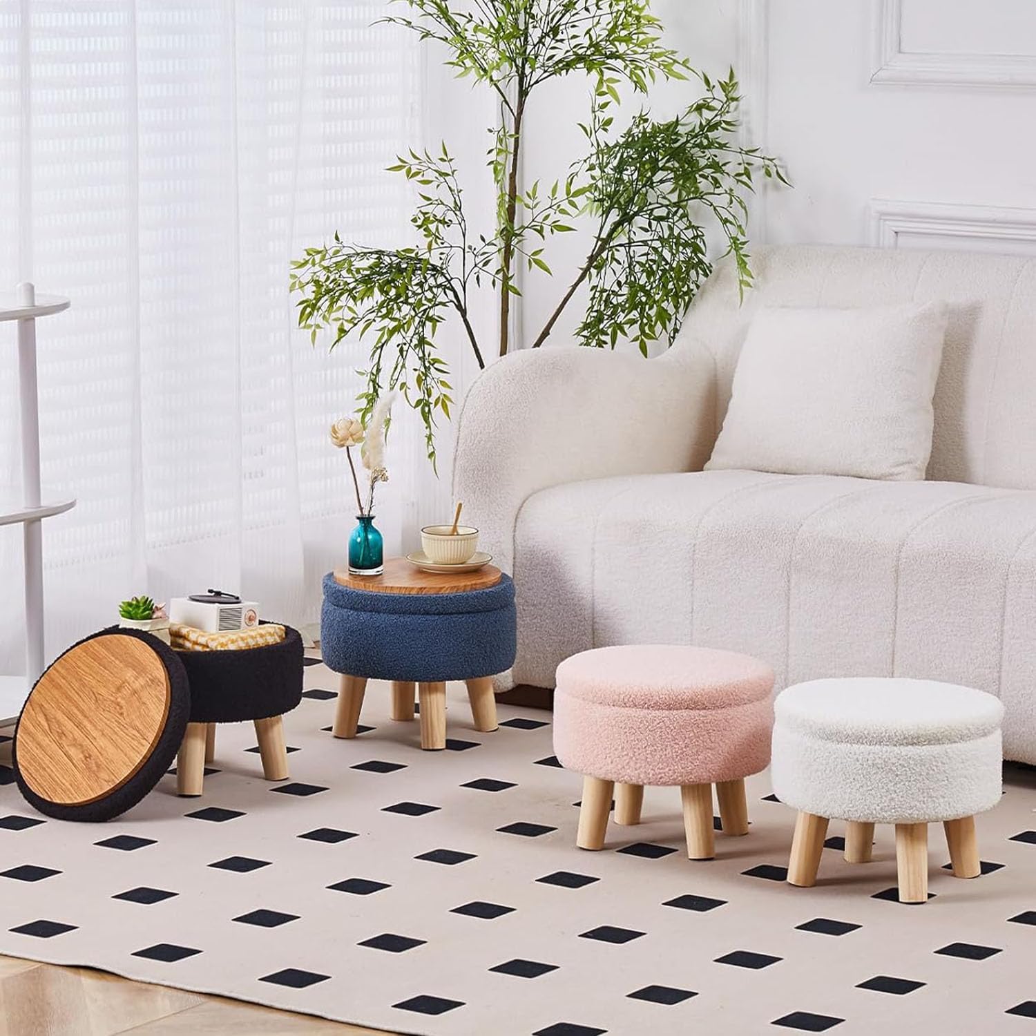 Wimarsbon Storage Ottoman, Modern Round Footrest with Soft Padded Seat, Teddy Velvet Footstool with Wood Legs, Accent Small Table or Plant Stand for Hallway, Living Room (Cream)