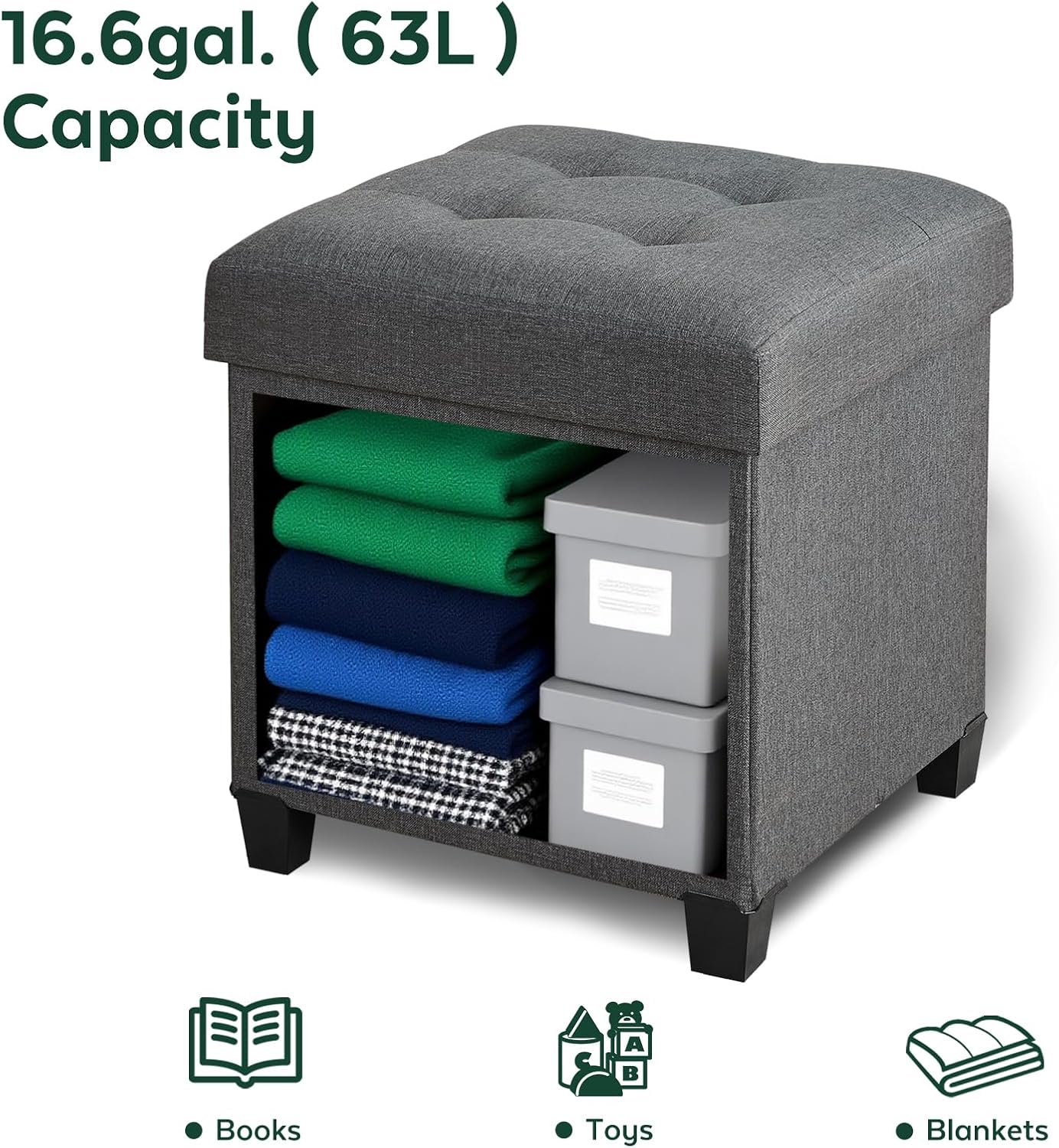 Ottoman with Storage, Square Storage Ottoman for Dorm, Linen Ottomans with Legs for Living Room, Bedroom, 17.7" D x 17.7" W x 19.9" H, Grey