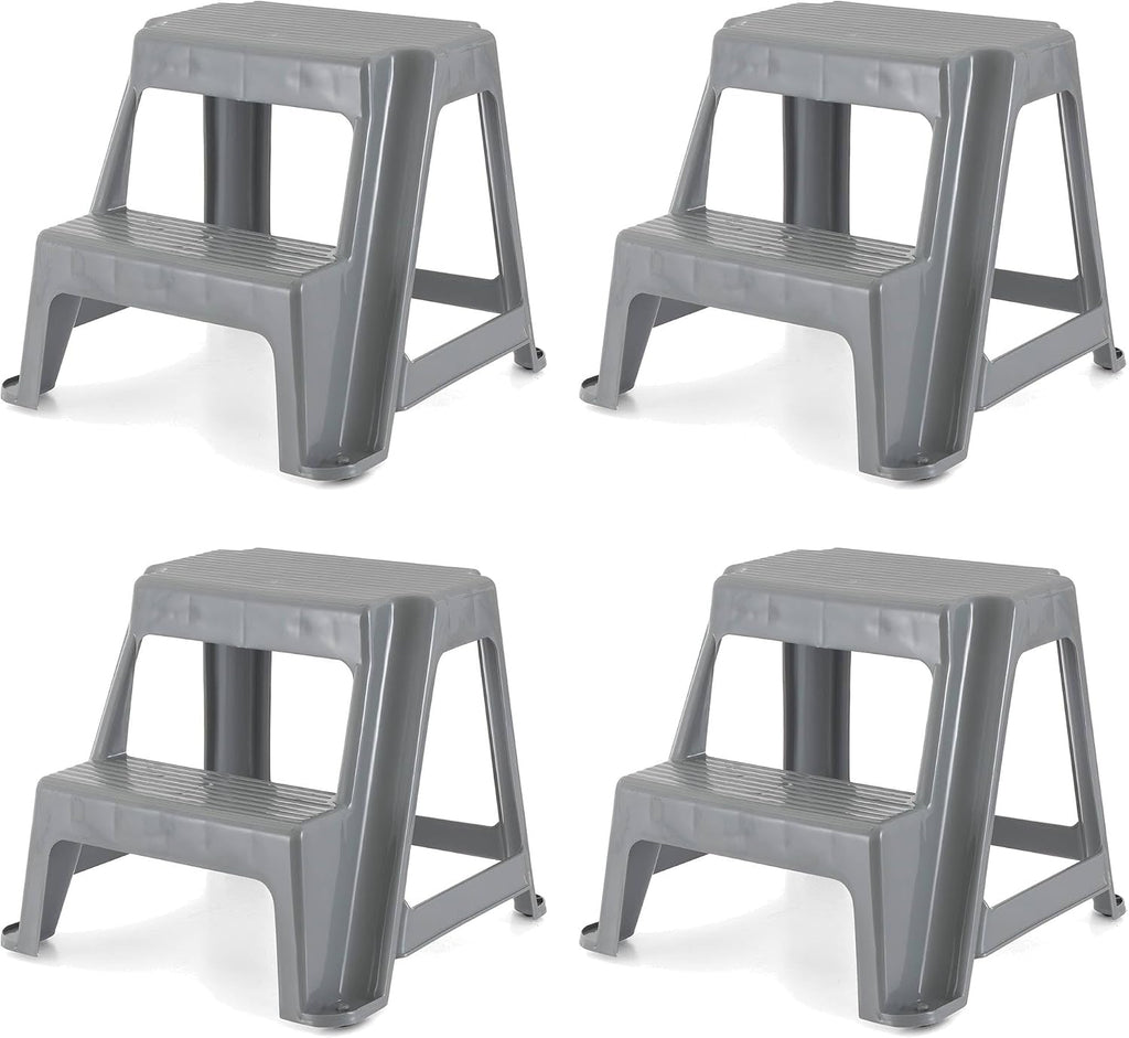 Gracious Living 16-Inch Tall Plastic 2-Step Stool, Gray, 4 Pack | Portable Dual Step Ladder Foot Stool for Kitchen, Bathroom, Bedroom & Garage
