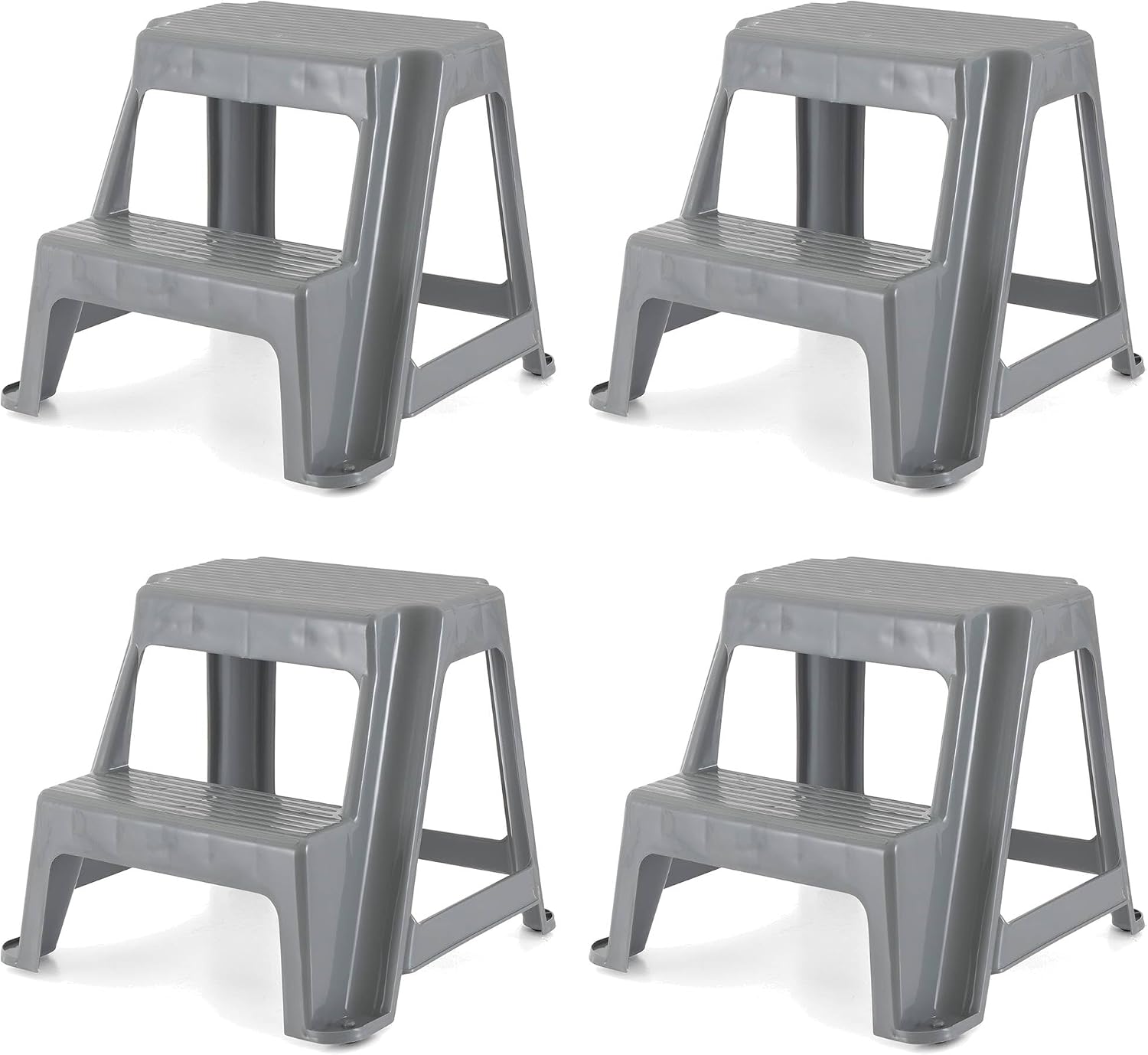 Gracious Living 16-Inch Tall Plastic 2-Step Stool, Gray, 4 Pack | Portable Dual Step Ladder Foot Stool for Kitchen, Bathroom, Bedroom & Garage