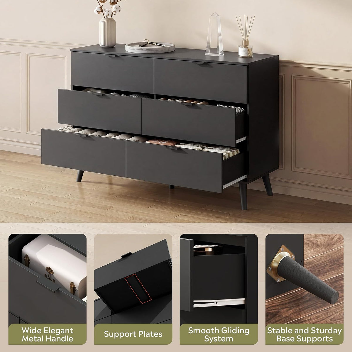 6-Drawer Moden TV Stand | Tall TV Console with Sturdy Metal Handles for Living Room，Black