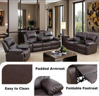 Manual Reclining Couch Sofa Set with Drop-Down Table, 3 Pieces Brown Leather Recliner Couch Sets, Living Room Furniture Sets, Recliner Sofa with Storage Console/Cup Holder for Home/Apartment
