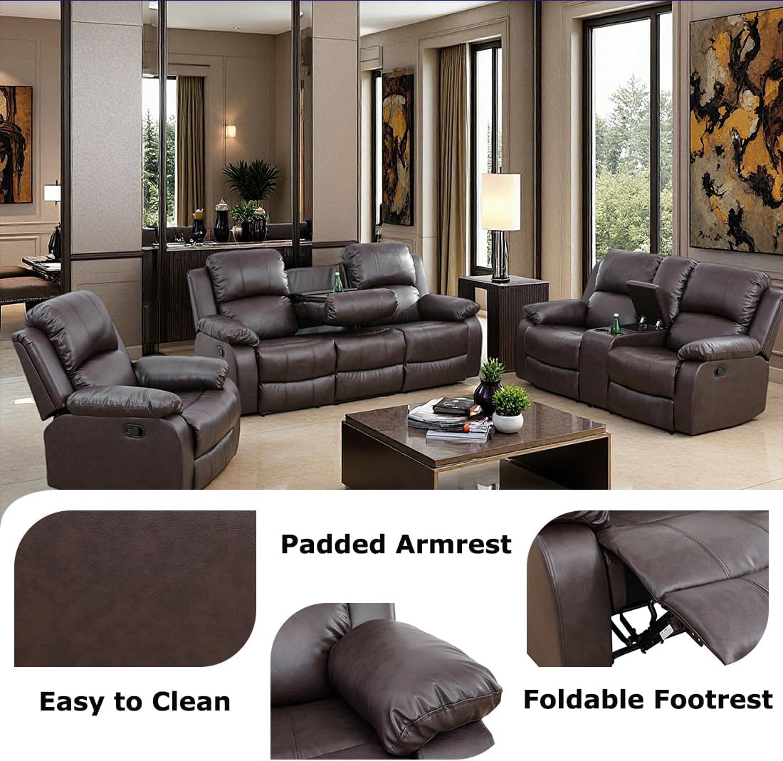 Manual Reclining Couch Sofa Set with Drop-Down Table, 3 Pieces Brown Leather Recliner Couch Sets, Living Room Furniture Sets, Recliner Sofa with Storage Console/Cup Holder for Home/Apartment
