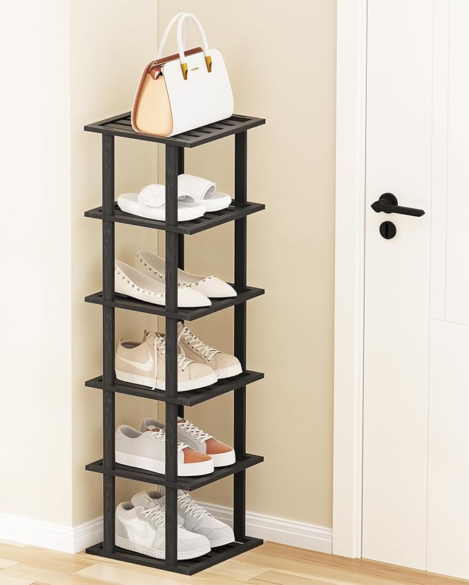 6-Tier Free Standing Shoe Racks, Bamboo Wood Shoe Rack for Entryway & Closet, Beautiful | Natural | Functional | Sturdy Shoe Rack Small Shoe Shelf for Small Spaces and Narrow Spaces Black