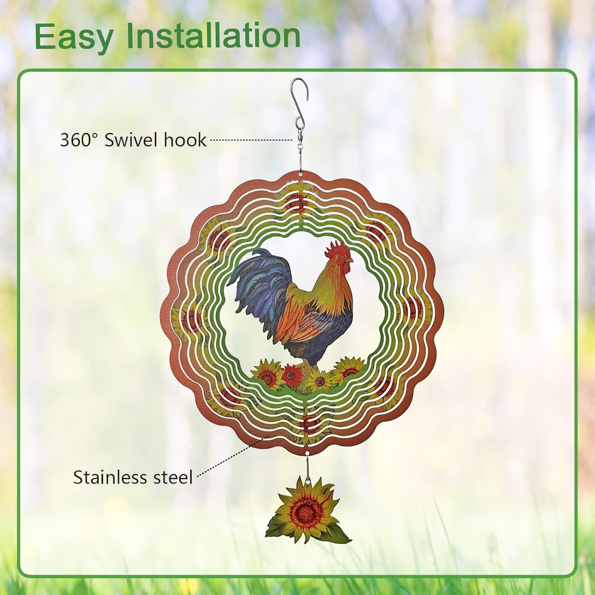 Rooster Wind Spinner,Metal Wind Spinners for Outdoor,3D Double Sided Hanging Chicken Decor for Indoor,Outdoor,Unique Gifts for Women