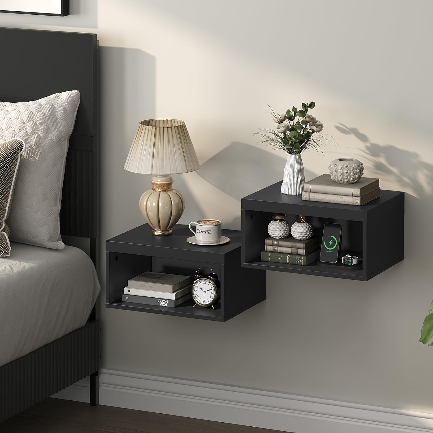 MAHANCRIS Floating Nightstand Set of 2, Wooded Wall Mounted Nightstand, Floating Bedside Table with Open Shelf Cubby, Floating Night Stand Wall Shelf for Bedroom Living Room, Kitchen, Black ETBK4901S2