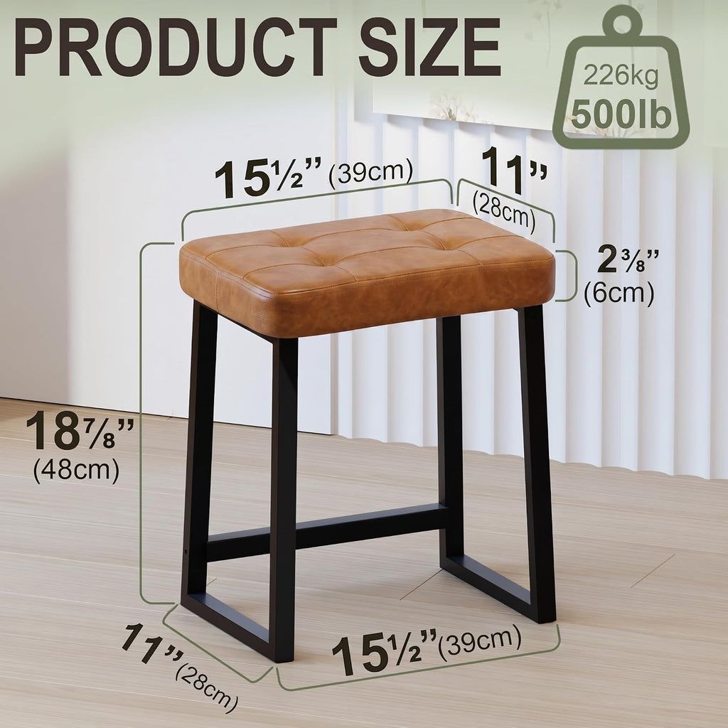 Vanity Bar Stool Chair, Makeup Stool Counter Height Stools,Small Ottoman Footrest for Living Room, Bathroom, Bedroom, Offices，Leather &Metal Legs with Anti-Slip Feet,Rustic Brown