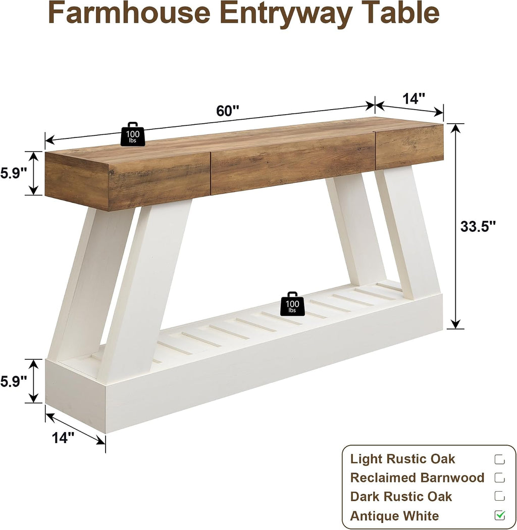 OKD 60" Farmhouse Entryway Table with Drawer, Console Table Behind Sofa | Narrow Long Entryway for Hallway, Living Room, Hallway, Behind Couch(Antique White)