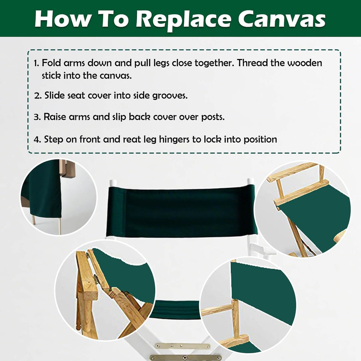 STAY GENT Director's Chair Canvas Replacement Kit for 18'' Directors Chairs(18" L x 15" W) - Replacement Canvas Durable Cotton Canvas Seat & Back Covers for Makeup, Outdoor Patio Stools, 1 Set Green