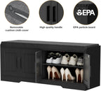 Homleke Shoe Storage Bench, 4 Doors & Thickened Padded Seat Cushion | 2-Tier Shoe Bench, Entryway Bench, Adjustable Shelf, 13.8" D x 45.3" W x 18.5" H, for Living Room, Bedroom, Black