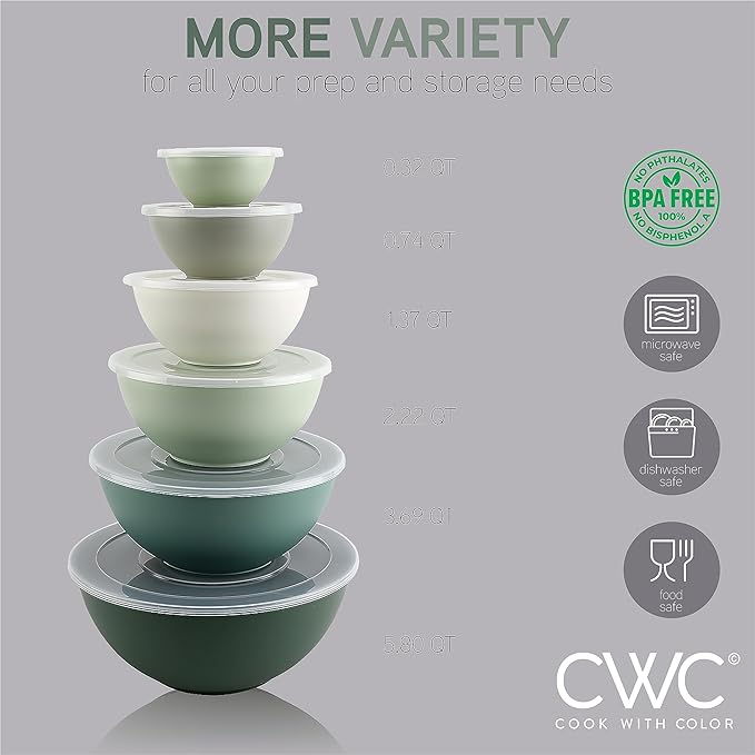 COOK WITH COLOR Mixing Bowls with Lids - 12 Piece Plastic Nesting Bowls Set includes 6 Prep Bowls and 6 Lids, Microwave Safe Mixing Bowl Set (Sage)