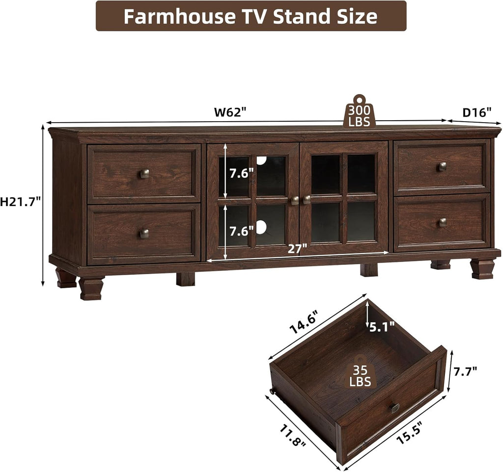 SAVOR LIFE Farmhouse TV Stands for Living Room, Walnut | Heavy-Duty Rustic Entertainment Center with 4 Drawers & Thickened Top & Square Wooden Legs for 65 Inch TV