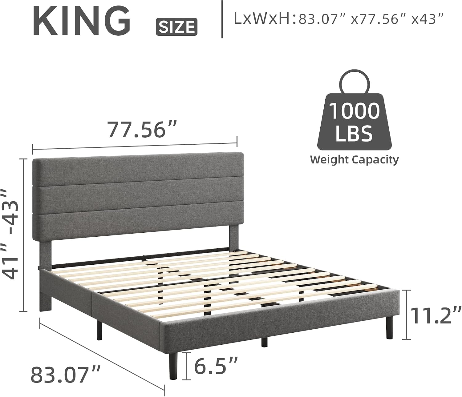 King Platform Bed Frame with Adjustable Linen Fabric Upholstered Headboard, Strong Slats Support, Noise-Free, No Box Spring Required, Easy Assembly for Bedroom Guest Room, Grey