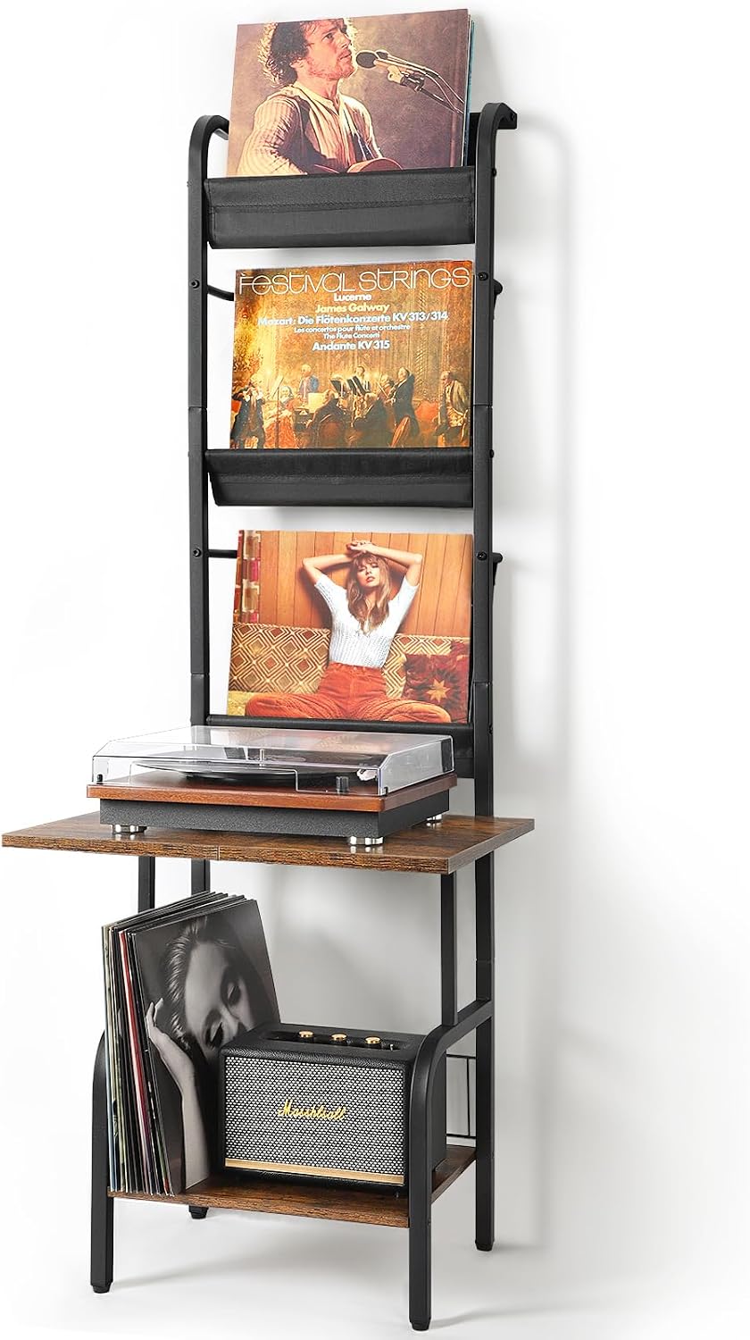 Tewinko Record Player Stand with Vinyl Storage, Record Player Table with Vinyl Record Storage up to 200 Albums, Turntable Stand with Record Holder Display Shelf, Record Player Cabinet Organizer Rack