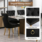 68" Faux Marble Dining Table Set for 6, Black Gold Dining Room Table with Stainless Steel Pedestal & 6 Black Velvet Dining Chairs, Modern Kitchen Table Chairs Set of 6, Luxury 7 Piece Dining Sets