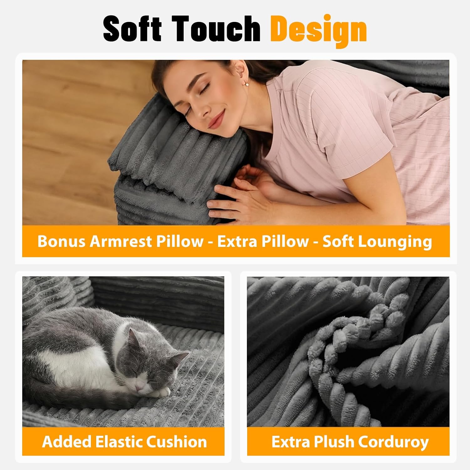 Loveseat Sofa for Living Room, Small Cloud Couch with Double-Density Foam Support, Removable Washable Corduroy Cover & 4 Pillows, Comfy Floor Sofa, Compact Couch for Small Spaces, Dark Grey