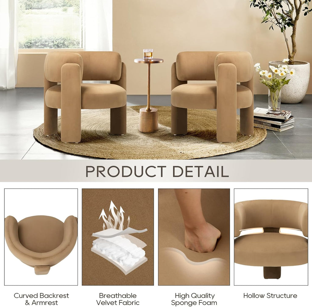 COLAMY Modern Velvet Accent Chairs Set of 2, Upholstered Barrel Chairs, Comfy Side Arm Chairs with 3 Legs for Living Room, Bedroom, Reading, Khaki