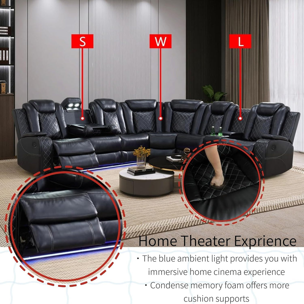Power Recliner Sofa Sectional Sofa with LED Light for Living Room, Air Leather Reclining Corner Sectional Sofa Set, Cup Holder, Storage Console for Home Theater Seating (Black, Sectional)