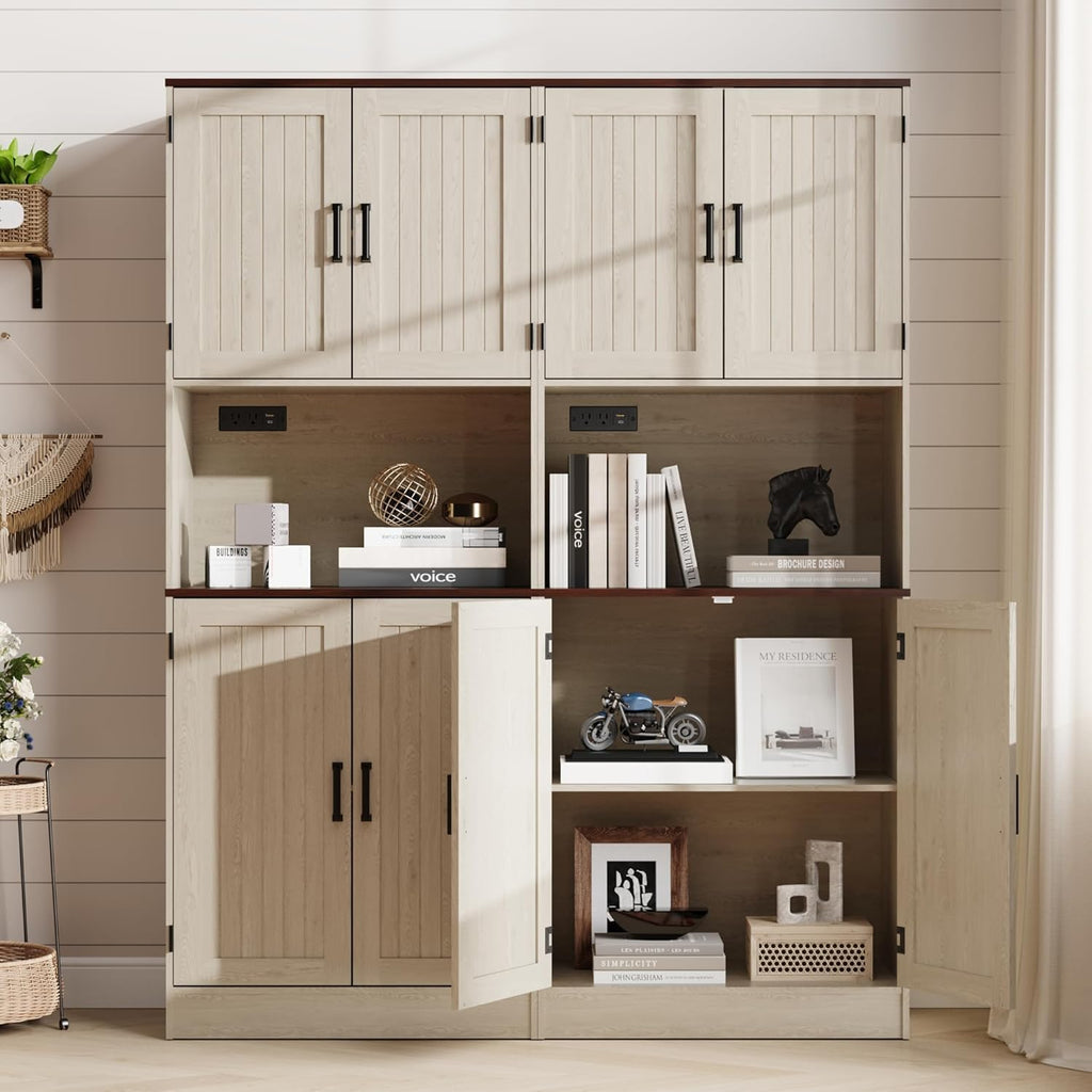 MHOM 71" Tall Pantry Cabinet with Charging Station, Farmhouse Kitchen Hutch with Adjustable Shelves, Modern Kitchen Pantry Storage Cabinet for Dinning Room & Living Room, Antique Oak