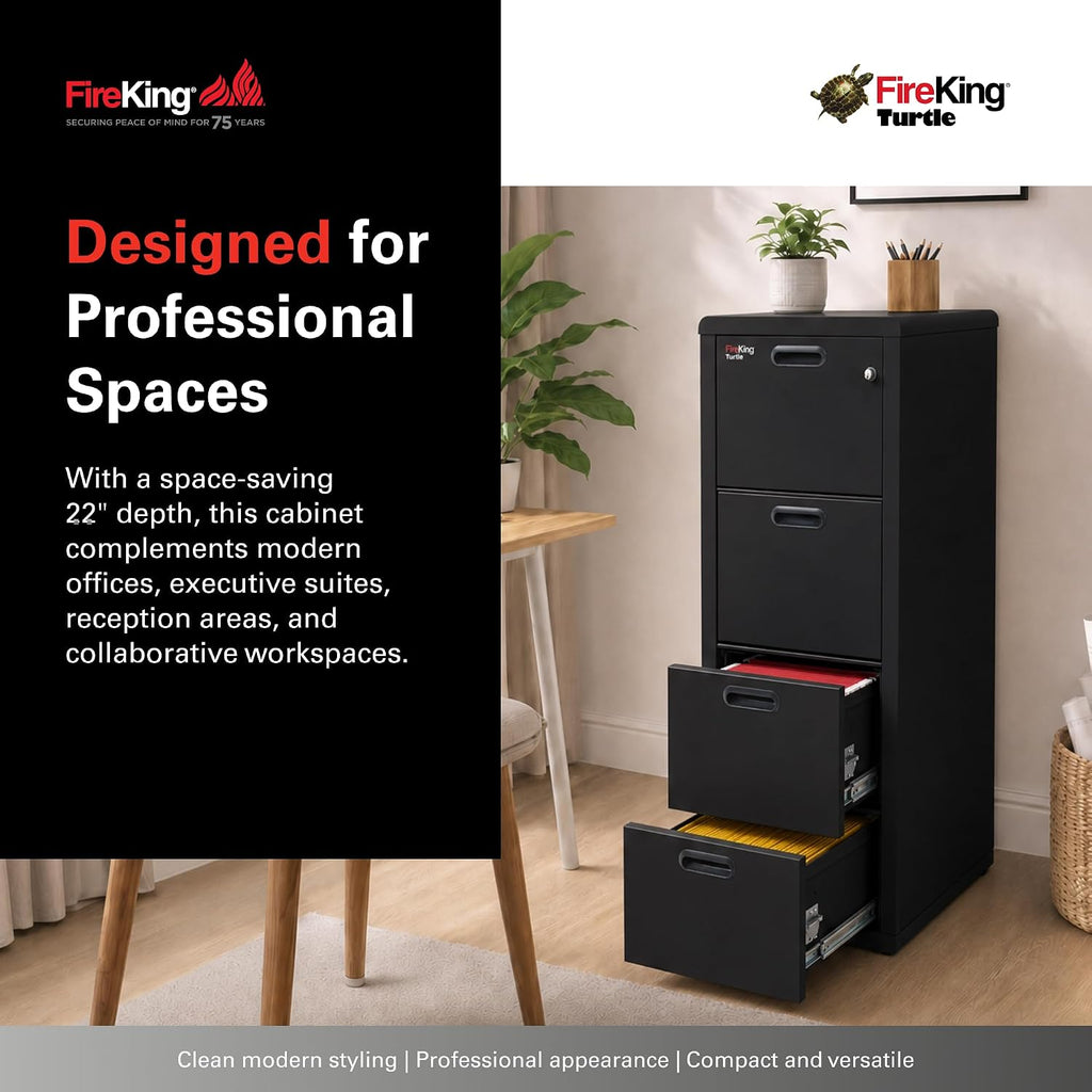 FireKing Turtle Contour - 4 Drawer Fire Safe File Cabinet with Key Lock - 1 Hour Fire Rated, UL Rated & Water Resistant Home Safe - Made in the USA Legal & Letter Filing Cabinet - Black