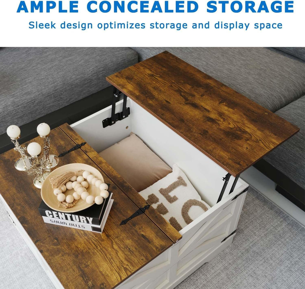 Farmhouse Coffee Table Set of 3, Lift Top Coffee Table with Sliding Barn Doors and End Tables Set of 2 with Charging Station, Living Room Table Set for Home Office, White