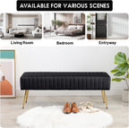 Furniliving 44 Inch Bedroom Bench, Upholstered Tufted Striped Fabric Ottoman Benches with X-Shaped Metal Legs for Living Room, Entryway Solid Wood Indoor Bench for Foyer (Black)
