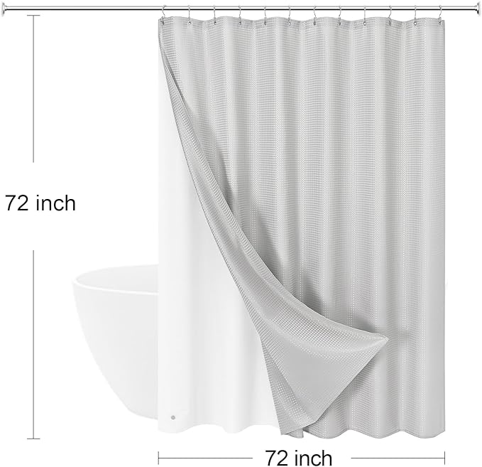 3 in 1 Shower Curtain Set, Light Grey Waffle Shower Curtain and PEVA Liner Set with 12 Stainless Steel Shower Curtain Hooks, Waterproof Shower Curtains for Bathroom, 72 W x 72 H