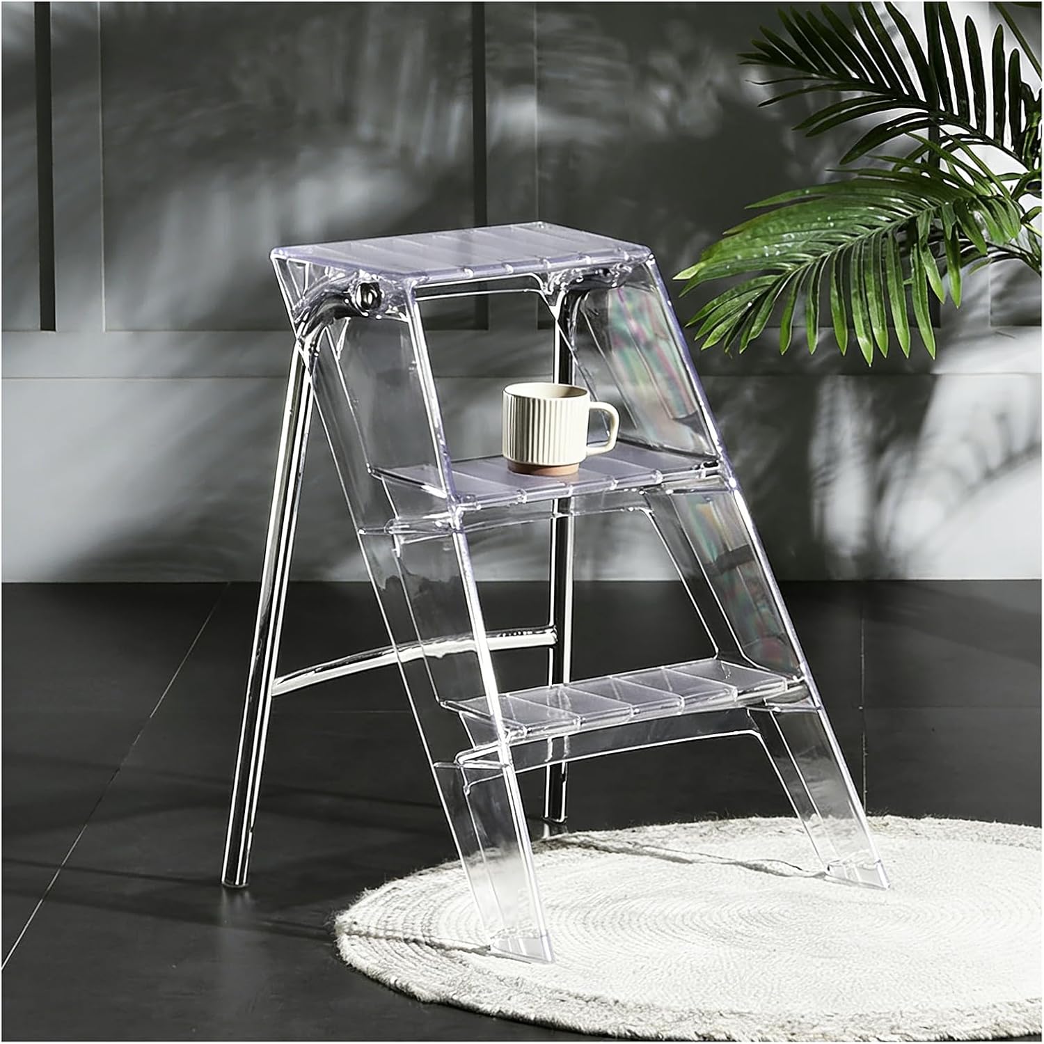 Acrylic Folding Step Stool for Adults,Portable 3 Step Ladder No Assembly | 350lbs Capacity Foot Stool with Anti-Slip Steps, Modern Decorative Display Rack, Plant Stand, Photography Props