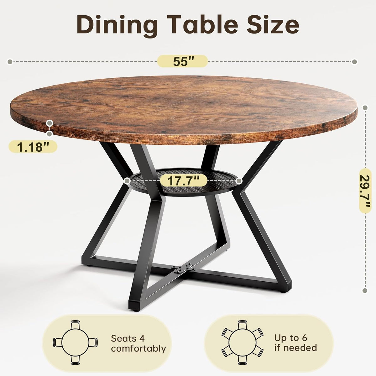 Concho 55" Round Kitchen Table for 4-6, Circle Dining Dinner Table with Pedestal Metal Frame, Space Saving Wood Kitchen & Dining Room Furniture, Rustic Brown