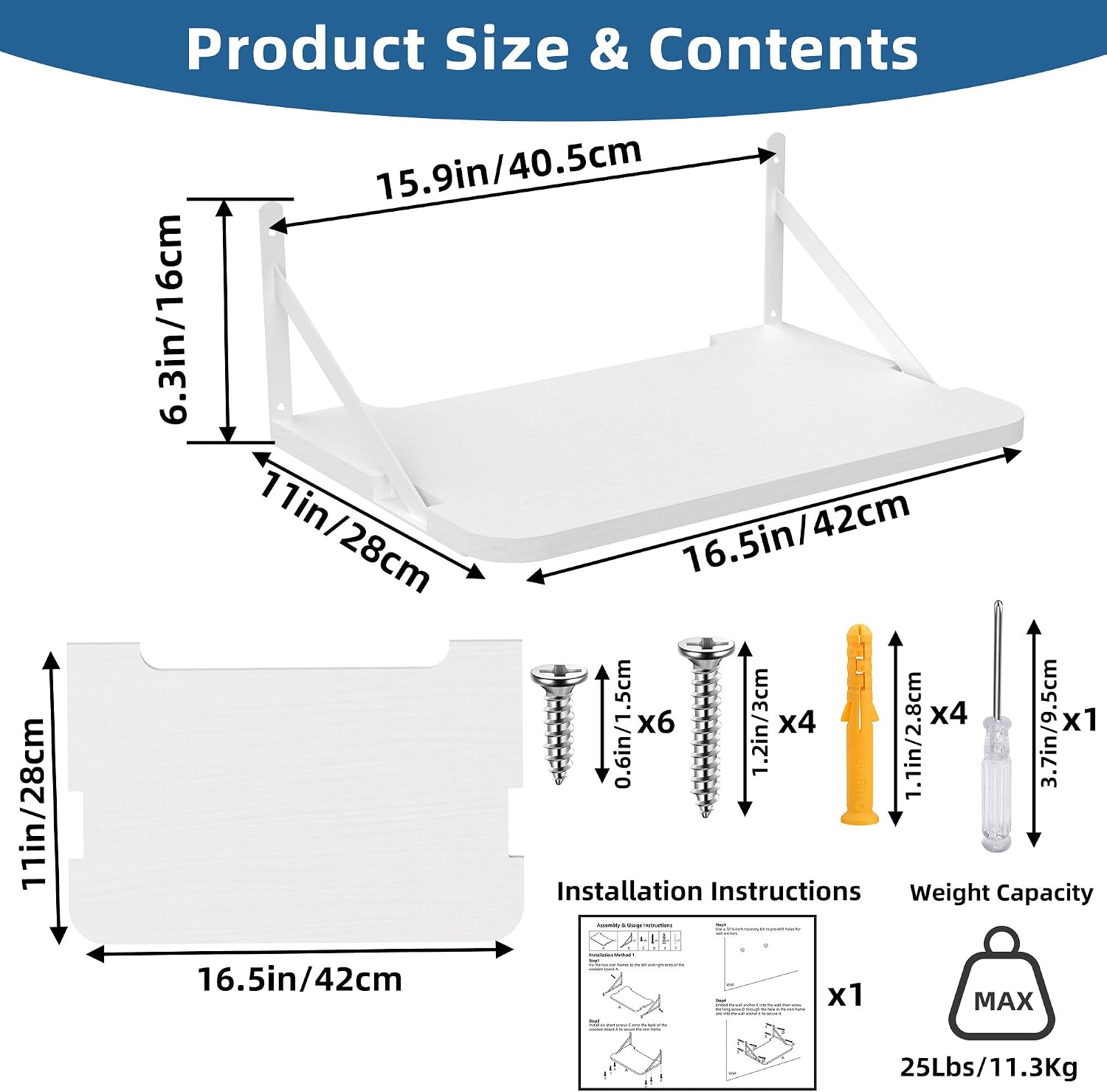 Projector Shelf for Wall Mount, 16.5" × 11", Holds Up to 25lbs, White | Solid Wood, Long-Lasting, Floating Shelf for Router, TV Cable Box, Game Console, DVD Player, Modem
