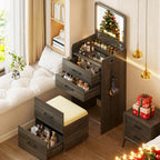 HNEBC 3 in 1 Vanity Desk with Plip Top LED Mirror for Bedroom,Rustic Oaky | Small Dressing Table with Visible Glass Desktop,Compact Vanity with 3 Drawers,Storage Compartment and Padded Stool