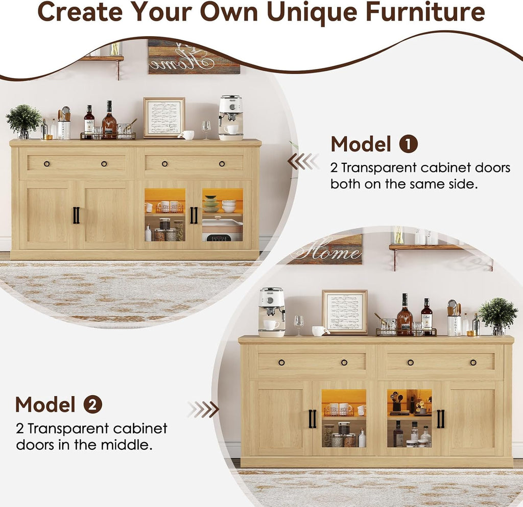 63'' Sideboard Buffet Cabinet with Storage, Modern Storage Cabinet with Outlets & LED Light, 2 Drawers and 4 Doors, Adjustable Shelves, Coffee Bar Cabinets for Kitchen Living Room, Wood