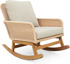 Rocking Chair with Padded Cushions, Modern Glider Chair, Wooden Frame with Rattan Armrest Design, Rocking Accent Chair with High Back for Living Room, Bedroom, Beige