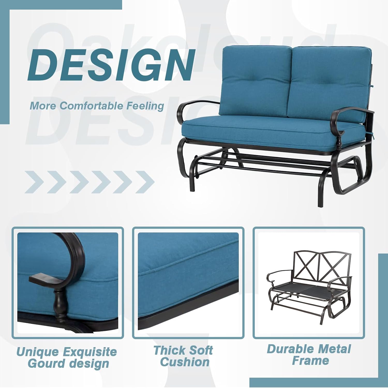 Crownland Outdoor Patio Glider Chair, Rocking Glider Bench for 2 Person, Porch Furniture Loveseat Seating, Wrought Iron Patio Textilene Gliders for Outside, Porch, Garden(Peacock Blue)