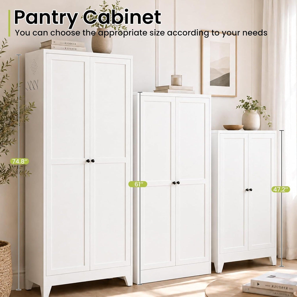 AQY 75" Pantry Cabinet, White Freestanding Storage Cabinet with 5 Adjustable Shelves, Metal Pantry Cupboard with Ventilation Design & Hanging Hooks, 2-Door Kitchen Organizer for Living Room Kitchen