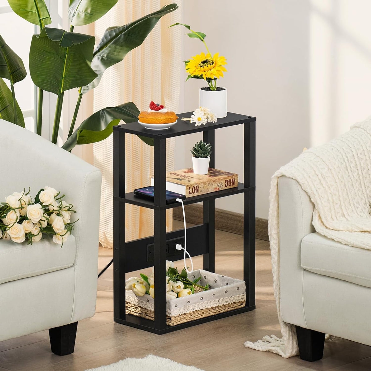 YUFAM 3-Tier Narrow Bedside Table Set 2 for Small Spaces, Skinny Nightstand | Thin Side Table with Charging Station, Slim End Table with USB & Outlets, Easy Assembly for Couch, Living Room, Bedroom,Black