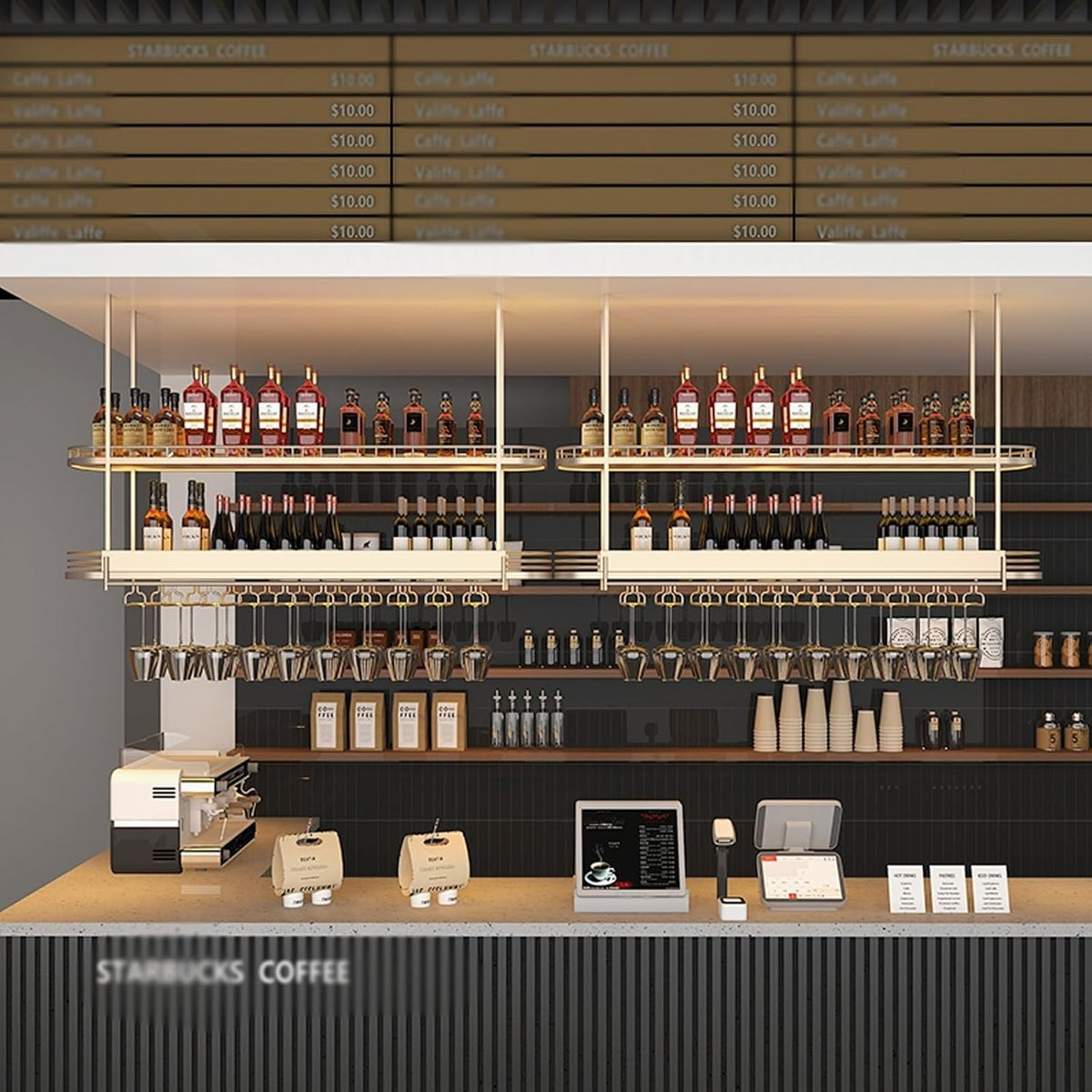 Modern Gold Hanging Wine Glass Holder，Ceiling Bar Wine Glass Shelf，Ceiling Mounted Bottle Rack，for Home，cafes ，Bar