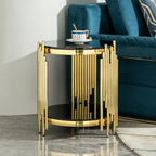 17.72" Round Sofa Side Table, 2-Tier Black Tempered Glass End Table with Gold Stainless Steel Frame for Living Room, Office & Café
