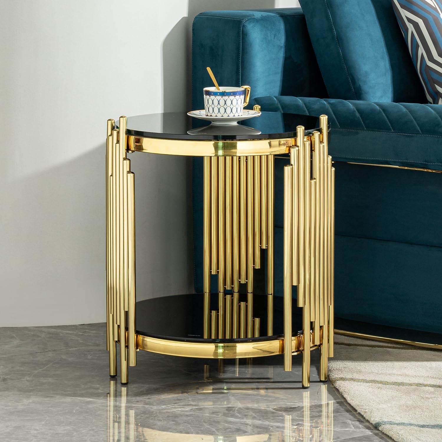 Set of 2 Modern Luxury 2-Tier Round End Tables, Black Tempered Glass Tops, Gold Stainless Steel Frames, Small Elegant Side Tables for Living Room, Bedroom, Office, or Café