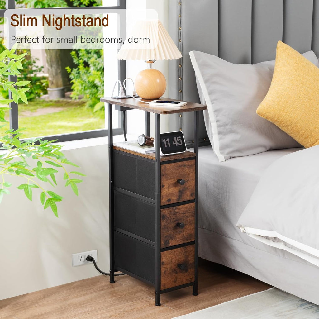 LOAKEKEL Narrow End Tables Living Room Set of 2 with Charging Station, Skinny Side Table with Fabric Drawers, Slim Nightstand for Bedroom, Small Spaces, Couch, Brown, HETNDP03BR