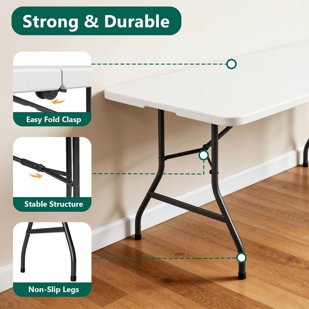 Folding Table and Chairs, 6ft Folding Table with Adjustable Height& PU Leather Padded Folding Chairs 6 Pack, Portable Table and Chairs Set for Indoor&Outdoor Use(White Table& White Chair)